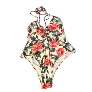 Forever 21 Floral High Brief Cut Halter One Piece Swimsuit Size Large